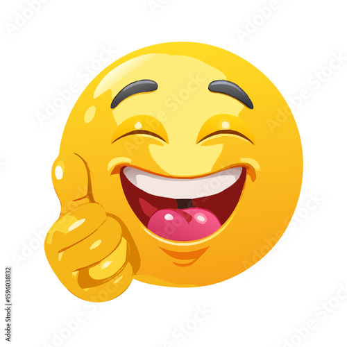 Excited Yellow Emoticon with Thumbs Up and Wide Smile - A Joyful and Enthusiastic Expression of Approval, Success, and Happiness

