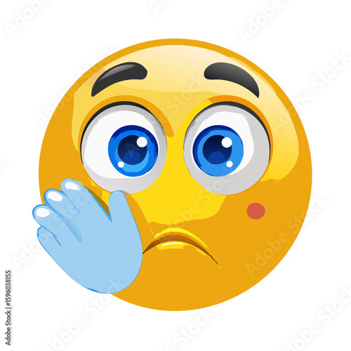 Tired Yellow Emoticon with Blue Eyes and Hand Covering Mouth - A Weary and Exhausted Expression of Sleepiness or Boredom

