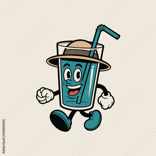 Cartoon character of a happy blue drink with a straw and hat walking
