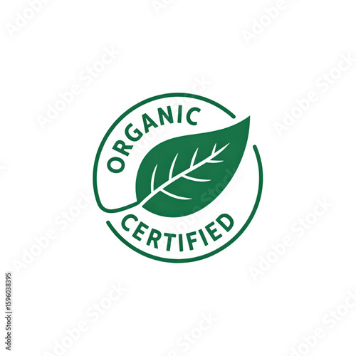 Green organic certified label with leaf in circle for natural product packaging and promotion