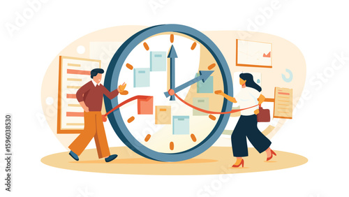 People try to beat the clock in a race against time with a large clock in the background and tasks
