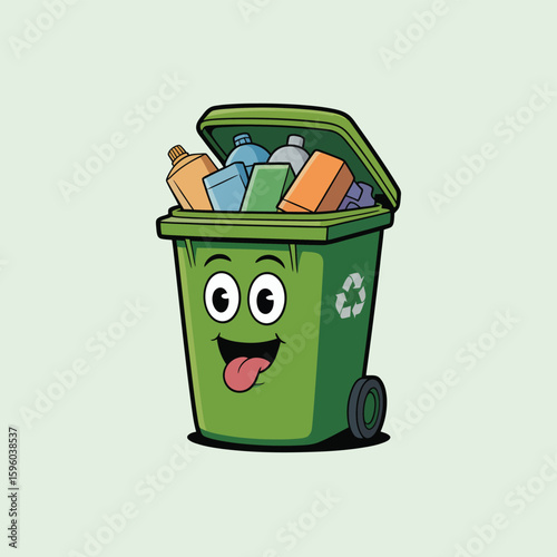 Happy green recycling bin filled with recyclable materials