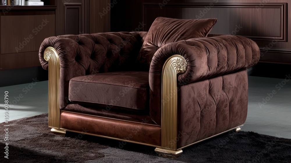 Obraz premium Elegant Brown Chesterfield Armchair with Golden Accents in a Luxurious Setting