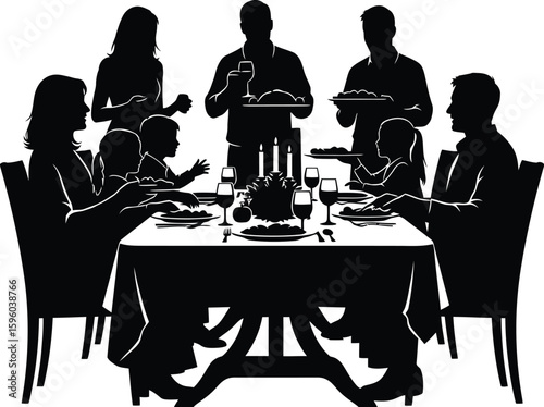 Family dinner silhouette vector illustration for thanksgiving christmas and holiday celebration