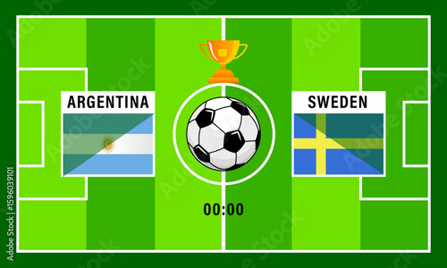 Argentina vs Sweden, teams Square shaped national flags, Football match template.  soccer ball on green grass
