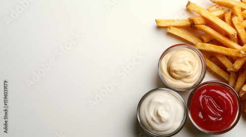 Delicious french fries served with various dipping sauces on a plain background