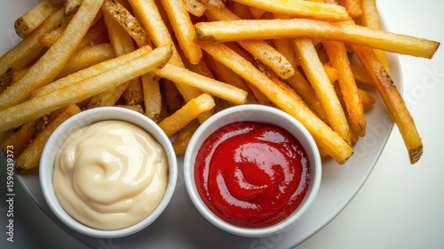 Delicious golden french fries served with creamy mayonnaise and vibrant tomato ketchup
