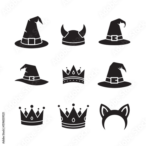 Diverse Set of Costume Headwear Icons Featuring Witch Hats, Royal Crowns, Viking Helmets, and Cat Ears