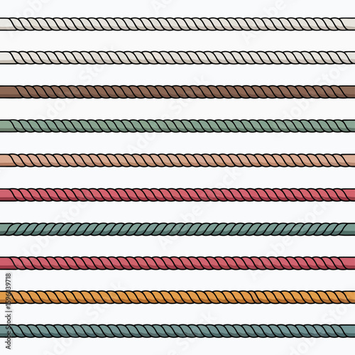 Collection of various colored twisted ropes in horizontal lines