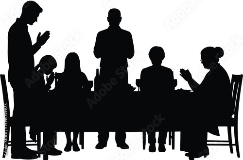 Family dinner silhouette praying together at table thanksgiving holiday celebration black and white vector art