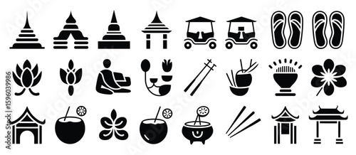 Collection of thai cultural icons and symbols in black silhouette