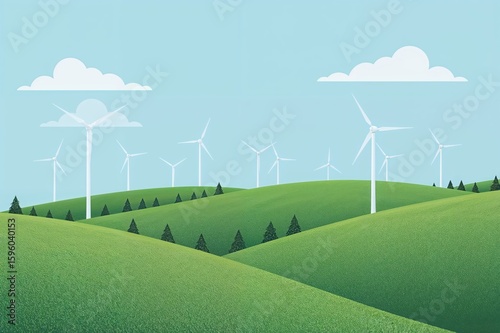 Wind Turbines on Green Rolling Hills, Clean Energy Landscape, Eco-Friendly Power Generation, Renewable Energy Illustration, Sustainable Agriculture, Blue Sky, Nature Scene

