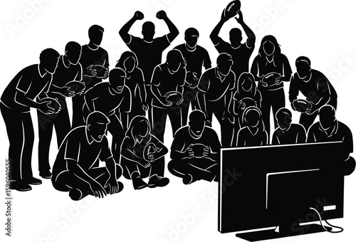 Group watching football game on tv excited fans cheering sport event home viewing party vector graphic