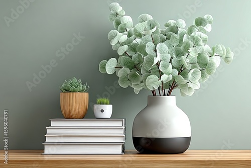 High-Resolution 3D Render of Minimalist Bookshelf with Eucalyptus Plant, Isolated on Grey Background