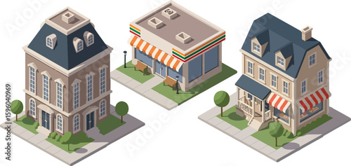 A concept collection of detailed isometric buildings. Vector set featuring a townhouse, modern convenience store, and a local shop.