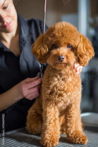 Professional Dog Groomer Styling Adorable Toy Poodle Puppy in Modern Pet Salon