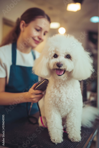 Professional Dog Groomer Styling Adorable Toy Poodle Puppy in Modern Pet Salon