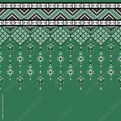 Traditional Thai Pattern Green Background with Ethnic Border Design - Thai Pattern Cultural Motif for Decorative Use - Authentic Thai Pattern Textile Art