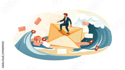 Man surfing on a large envelope amidst a wave of emails and floating social media icons around him