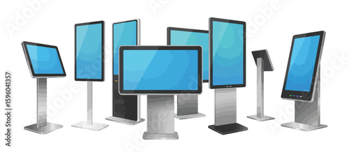 Collection of digital displays and touchscreen kiosks on white background