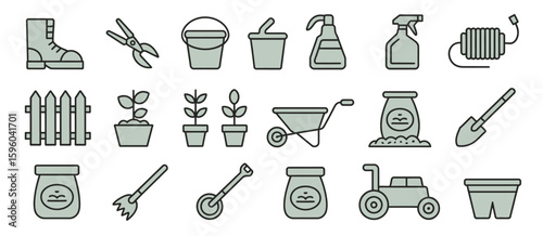 Collection of garden tools and supplies in a clean illustrative style
