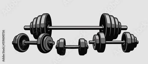 Collection of black metal dumbbells and barbells on a grey background