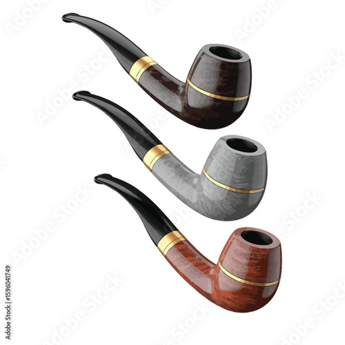 Three classic tobacco pipes with distinct finishes arranged vertically