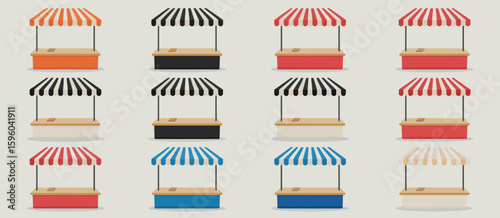 Collection of colorful market stalls with striped awnings and wooden counters