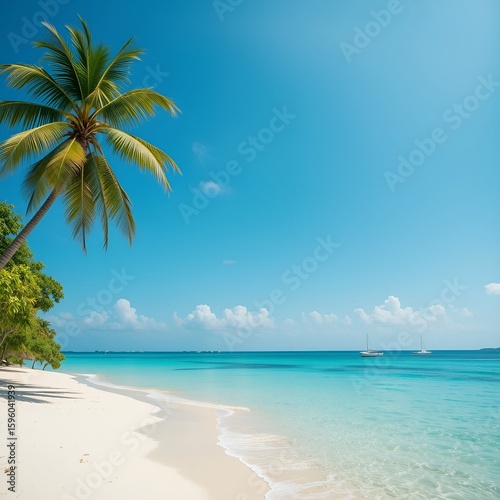 A tranquil beach scene featuring a palm tree, white sand, turquoise water, and sailboats on the horizon