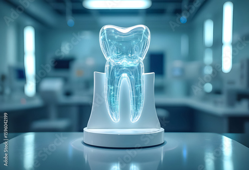 Advanced dental technology displayed in a modern dental clinic setting with illuminated tooth model