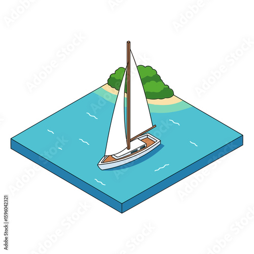 Isometric illustration of a sailboat sailing on the ocean near a tropical island.