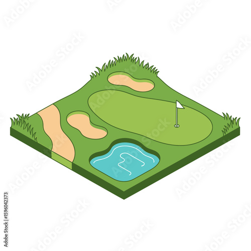 Isometric illustration of a golf course putting green with sand traps, water hazard, and flag.
