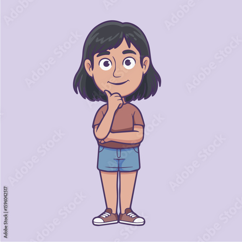 Clean and modern vector  cartoon illustration of a thoughtful woman girl character in shorts and shirt pondering and thinking deeply about life