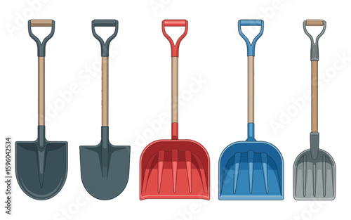 Collection of five different types of shovels and scoops
