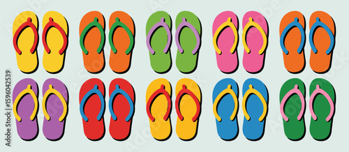 Colorful collection of summer flip flops arranged in rows