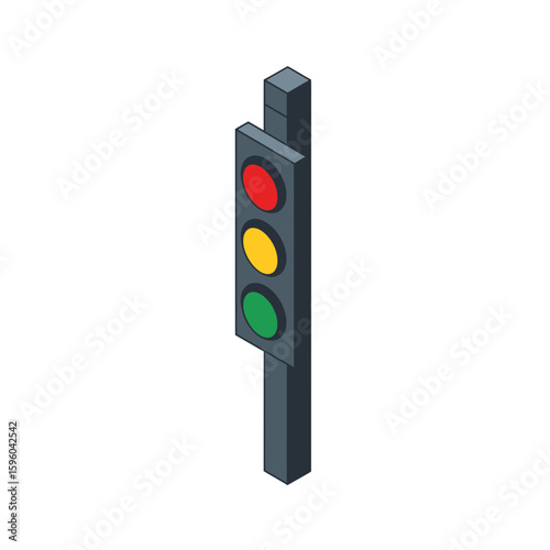 Isometric view of a traffic light showing red, yellow, and green signals.