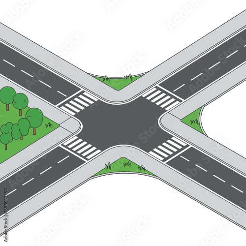 Isometric view of a four-way road intersection with pedestrian crossings and landscaping.