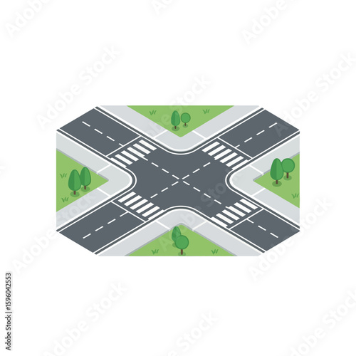 Isometric view of a four-way road intersection with crosswalks and green spaces with trees.