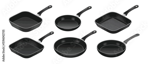 Collection of six black cooking pans and skillets in isometric view