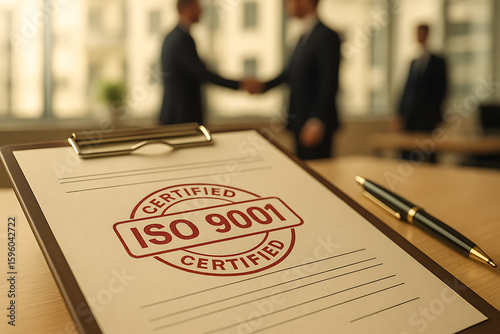 Close-up of certified document stamped with ISO 9001 in bold red letters on office desk, symbolizing quality management, business compliance, and professional standards certification
