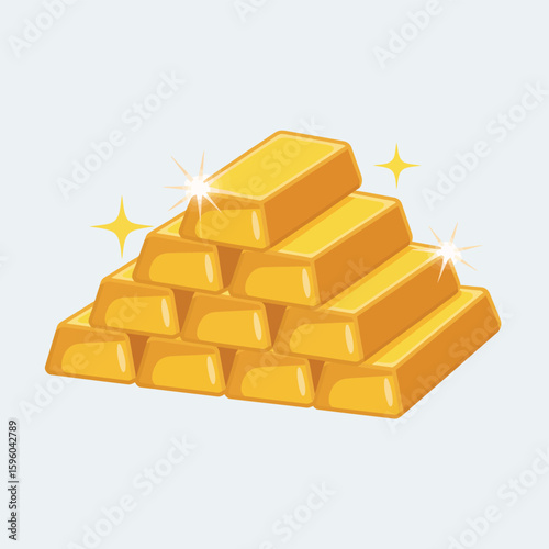 Stack of shiny gold bars with sparkling highlights on a light blue background