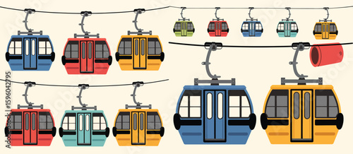 Colorful gondola cable cars hanging on wires transportation system
