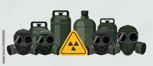 Gas masks and radiation warning sign with propane tanks