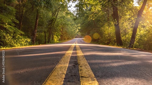 A cinematic video of a peaceful forest road during golden hour. Warm sunlight gently filters through the trees, casting glowing rays and sparkles on the asphalt. 