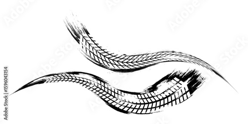 Tire tread marks, wheel textures, tire marks - car racing, motocross, drift, rally, off-road and others. Vector black isolated texture in grunge style with splashes.eps10