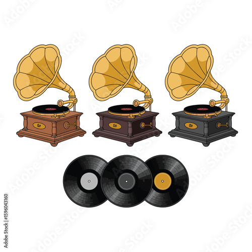 Three vintage gramophones with vinyl records on a white background