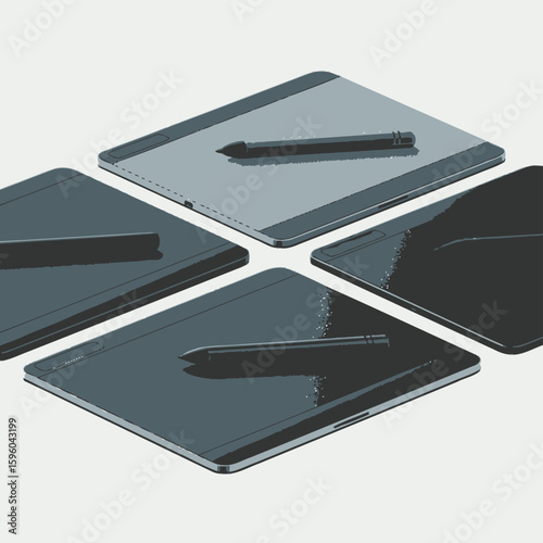 Four digital drawing tablets with stylus pens on a light gray background