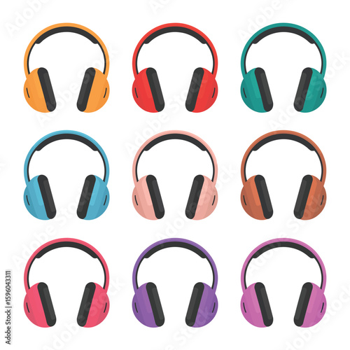 Collection of nine colorful headphones arranged in a grid pattern