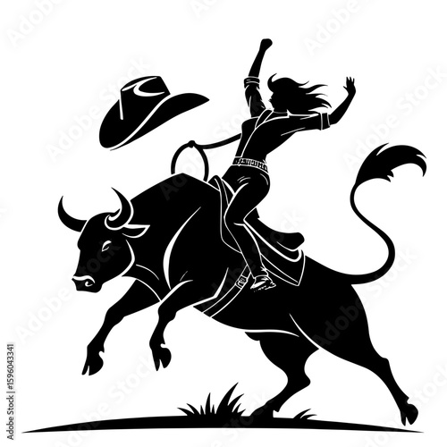 Vector Western-style black silhouette logo: aggressive bull kicking up its back legs with a determined cowgirl on its back, stylized in flat black over a white backdrop