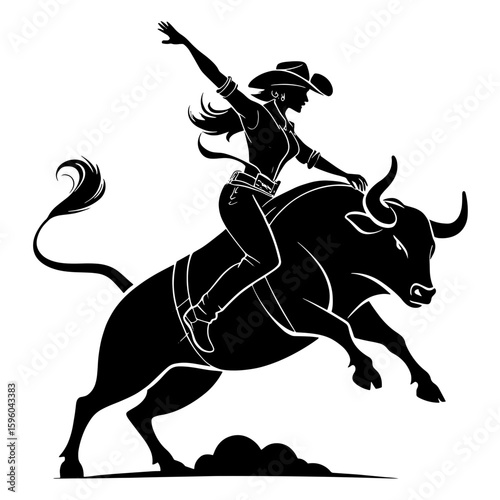 Vector Western-style black silhouette logo: aggressive bull kicking up its back legs with a determined cowgirl on its back, stylized in flat black over a white backdrop